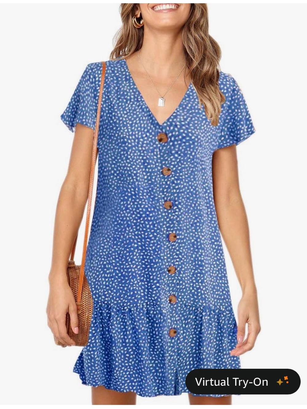 Impart Women’s Polka Dot V Neck Button Down Ruffles Loose Mini Short T-Shirt Dre